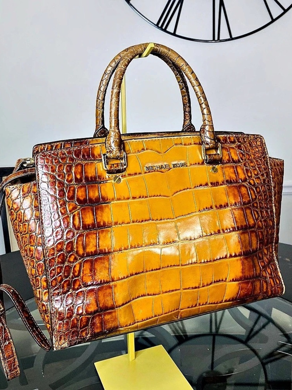 Michael Kors Selma Croc Embossed Leather Satchel Brown Tan Medium